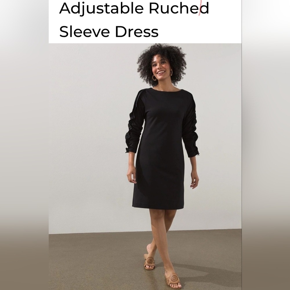 Chico's Adjustable Ruched Sleeves Dress Black With Pockets Sz 1 8/10 Has Strech - Picture 5 of 12